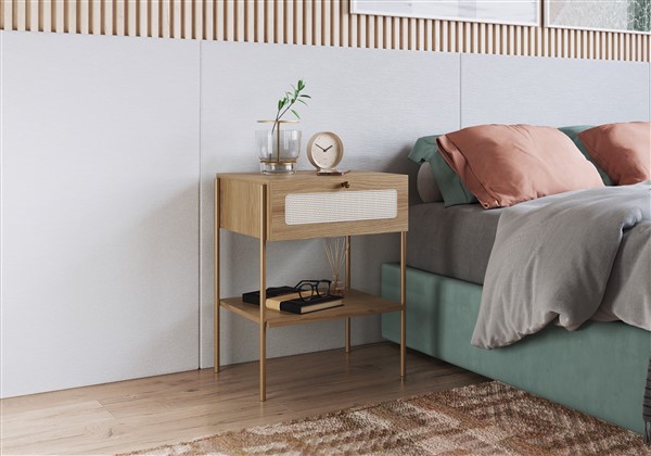 Oslo Nightstand  End Table Storage Wood Leg Rattan -1 Drawer - Image 4