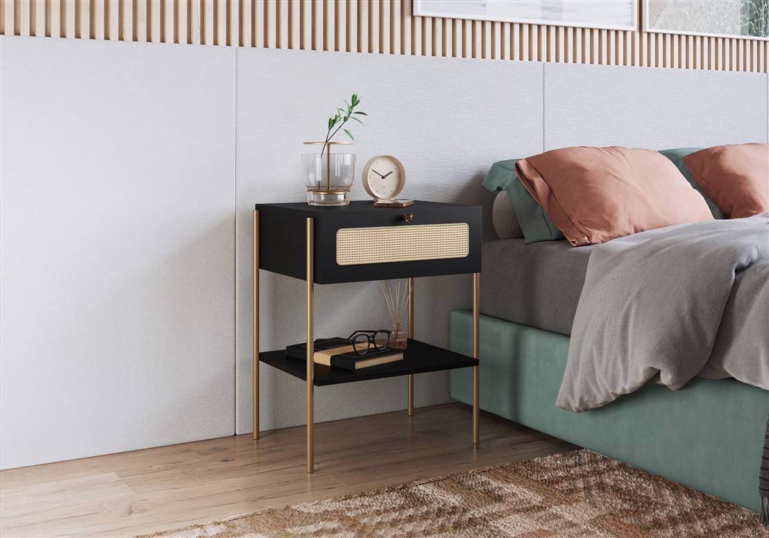 Oslo Nightstand  End Table Storage Gold Iron Leg - Rattan 1 Drawer