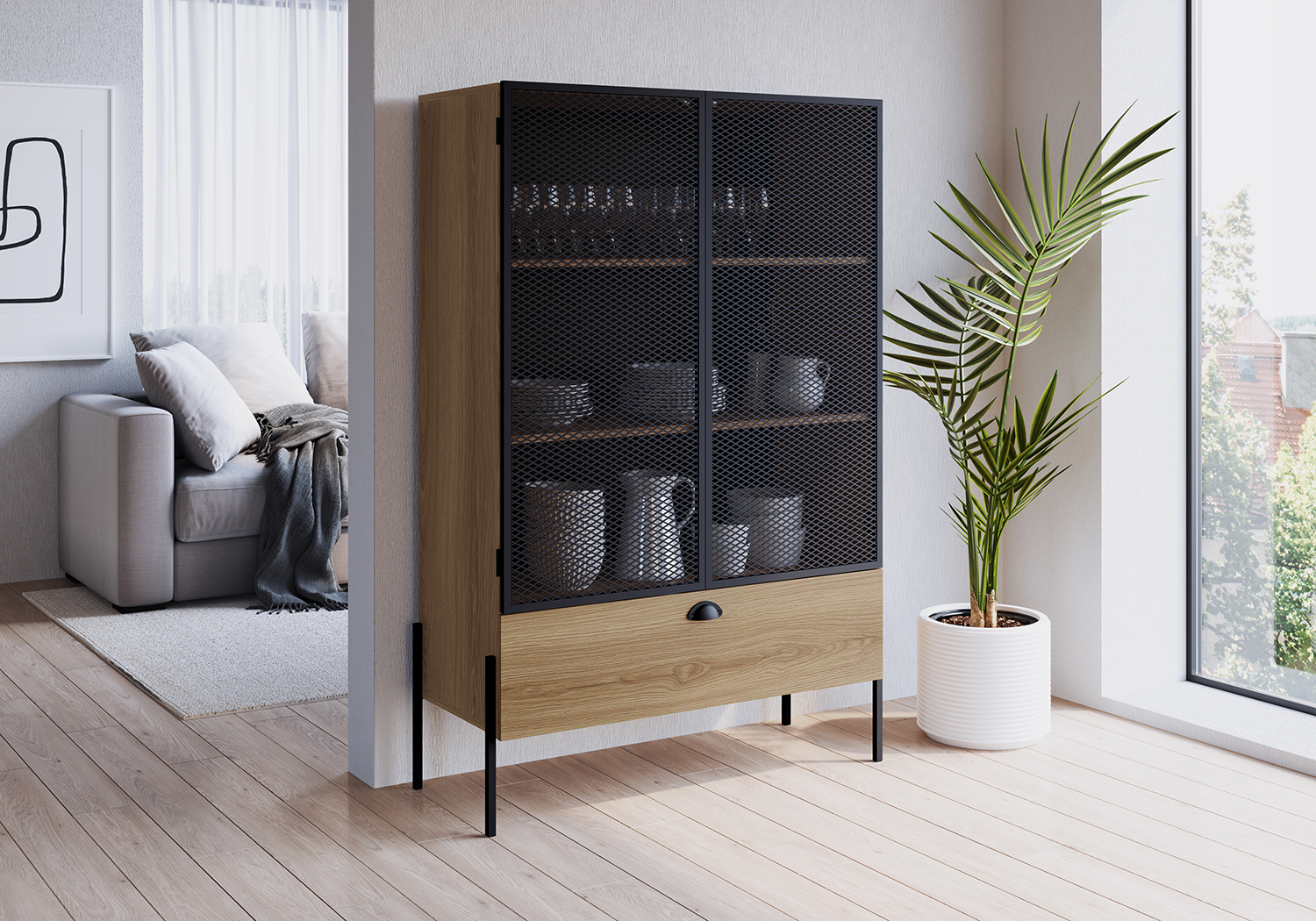 York Brown and Black Mesh 2-Door Display Storage Cabinet