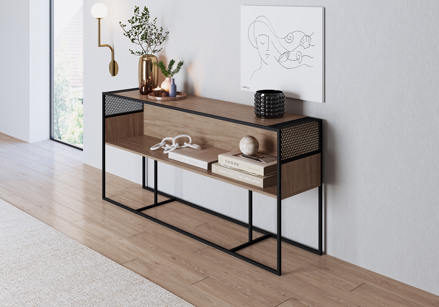 York Brown Console Table with Black Iron Legs