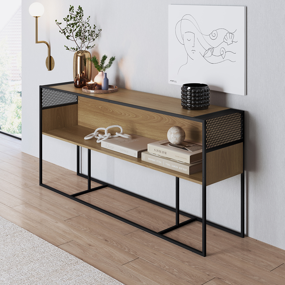 York  Sideboard Console Table Black Iron Legs  and Sliding Door -Coastal Oak - Image 2