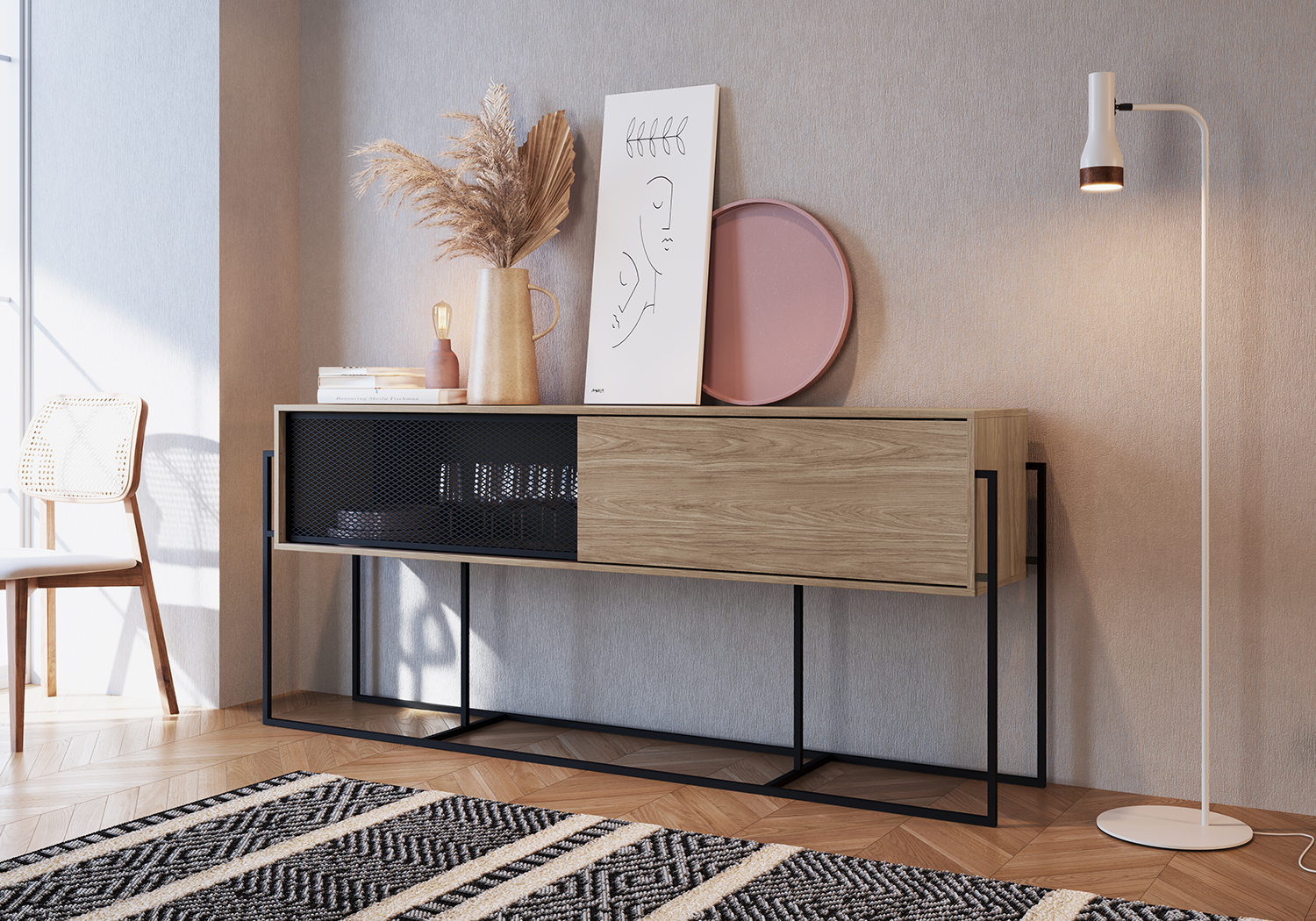 York  Sideboard Console Table Black Iron Legs  and Sliding Door -Coastal Oak
