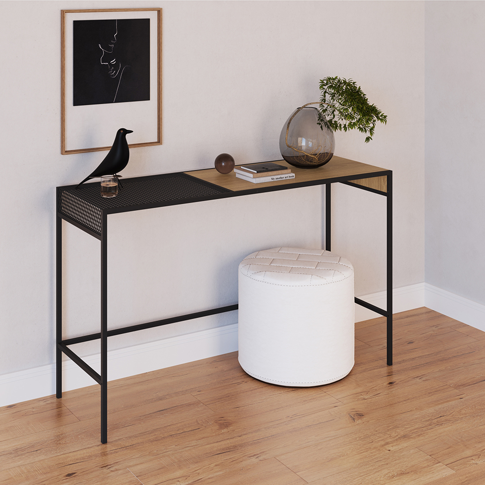 York 47" Console  Entry Table Black Iron legs Mesh Top -Coastal Oak - Image 6