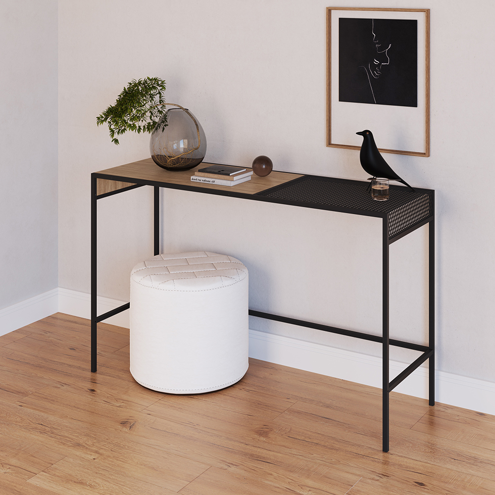 York 47" Console  Entry Table Black Iron legs Mesh Top -Coastal Oak - Image 7