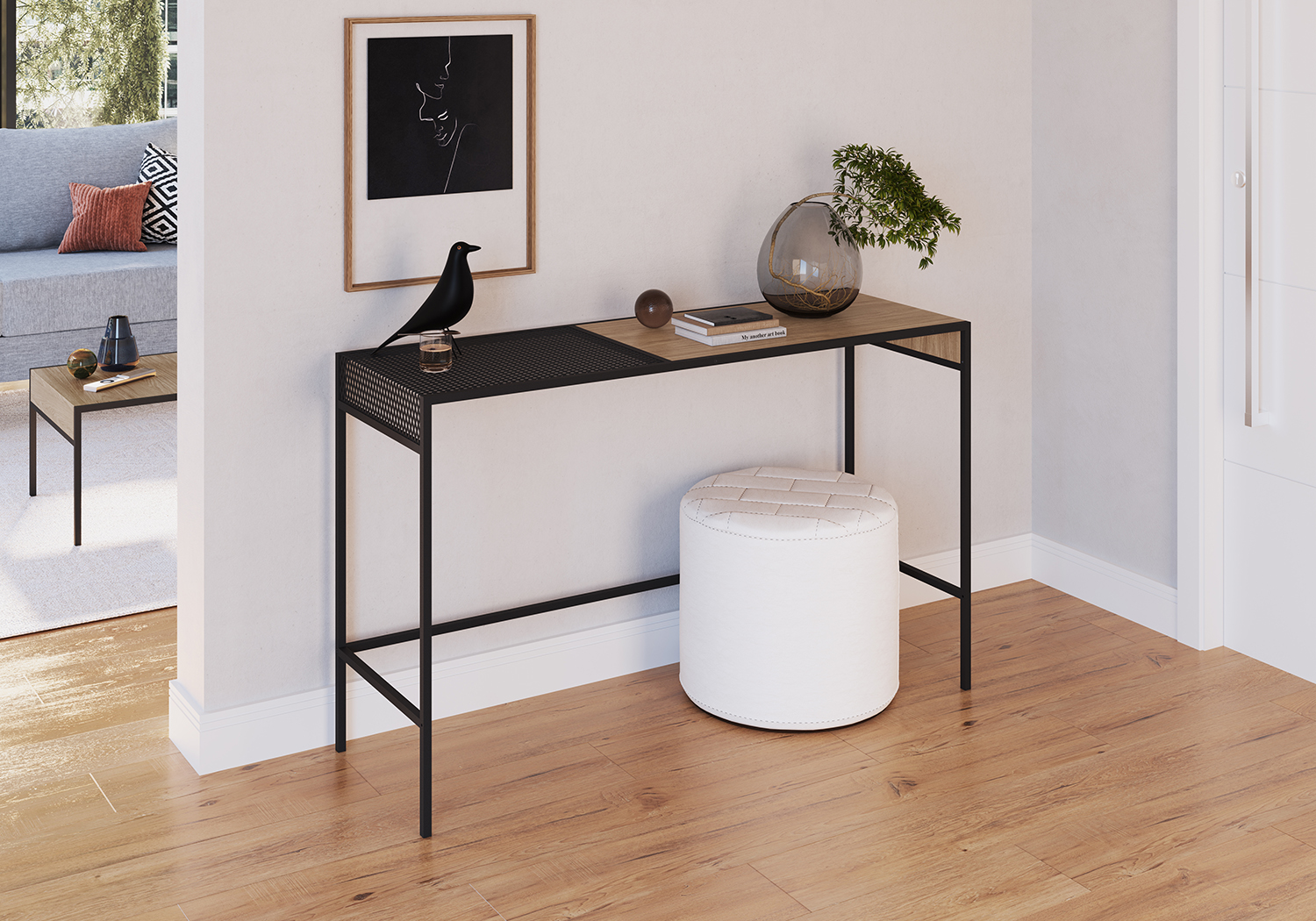 York 47" Console  Entry Table Black Iron legs Mesh Top -Coastal Oak