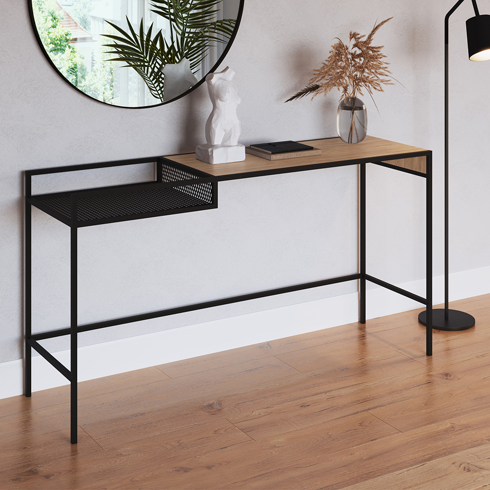 York 55" Console  Entry Table Black Iron legs Mesh Panel Side -Coastal Oak - Image 7