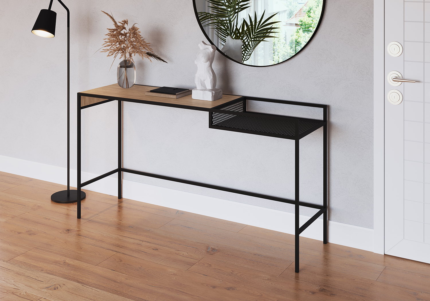 York 55" Console  Entry Table Black Iron legs Mesh Panel Side -Coastal Oak