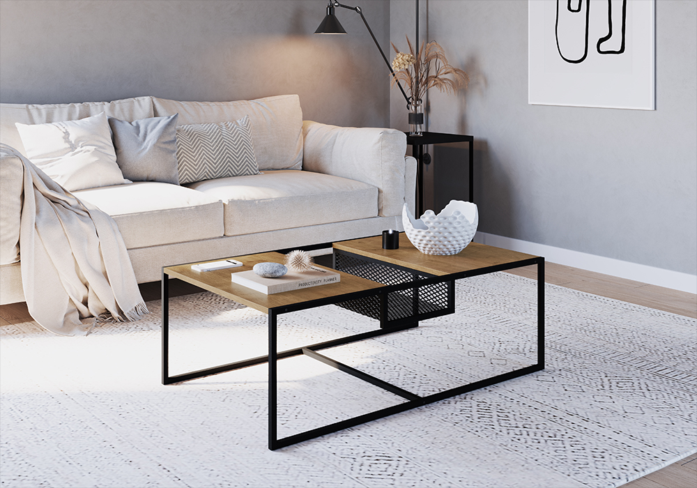 York Brown and Iron Mesh Middle Shelf Coffee Table