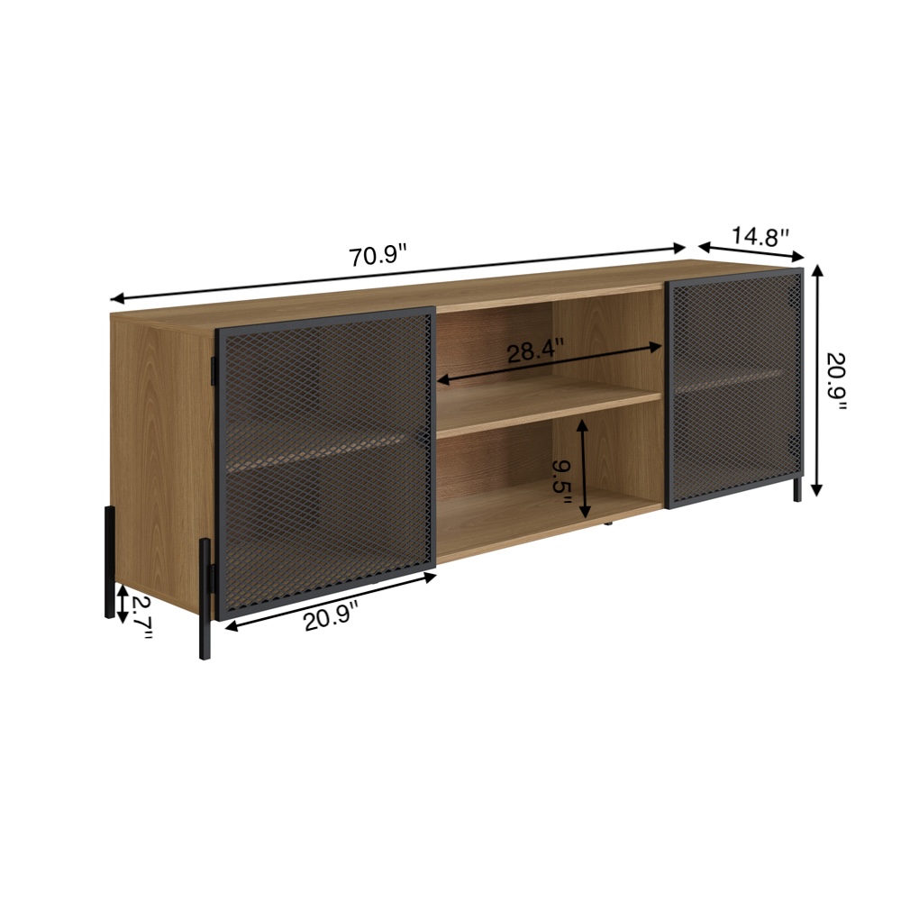 York Media Console TV Stand with Black Iron Legs  2 Mesh Doors Cabinet  -Coastal Oak - Image 9