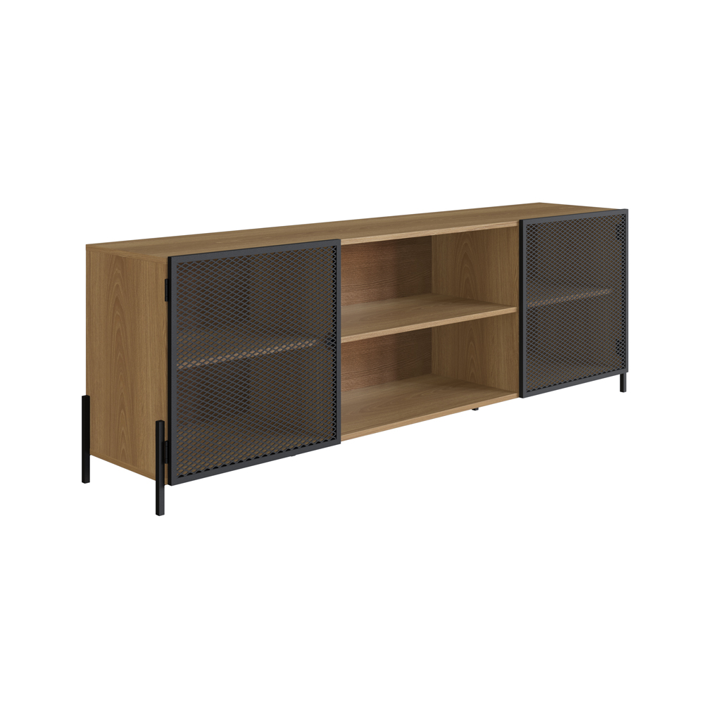 York Media Console TV Stand with Black Iron Legs  2 Mesh Doors Cabinet  -Coastal Oak - Image 3