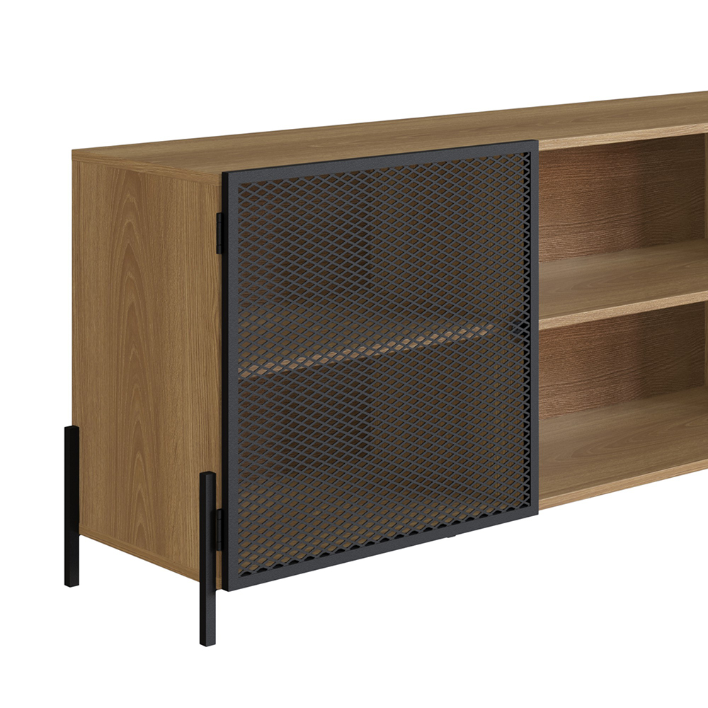 York Media Console TV Stand with Black Iron Legs  2 Mesh Doors Cabinet  -Coastal Oak - Image 4