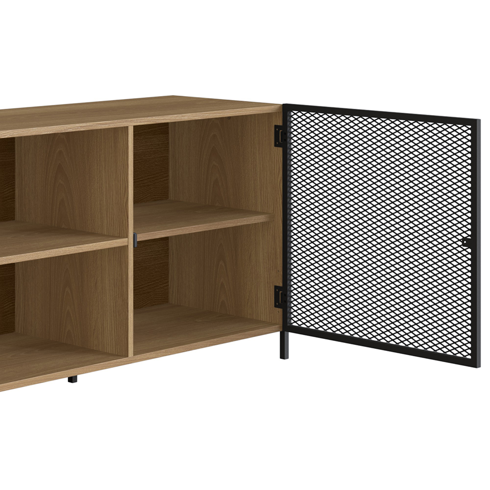 York Media Console TV Stand with Black Iron Legs  2 Mesh Doors Cabinet  -Coastal Oak - Image 5