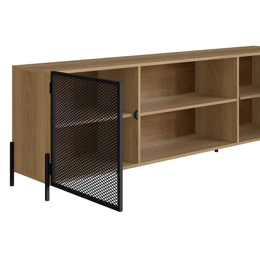 York Media Console TV Stand with Black Iron Legs  2 Mesh Doors Cabinet  -Coastal Oak - Image 6