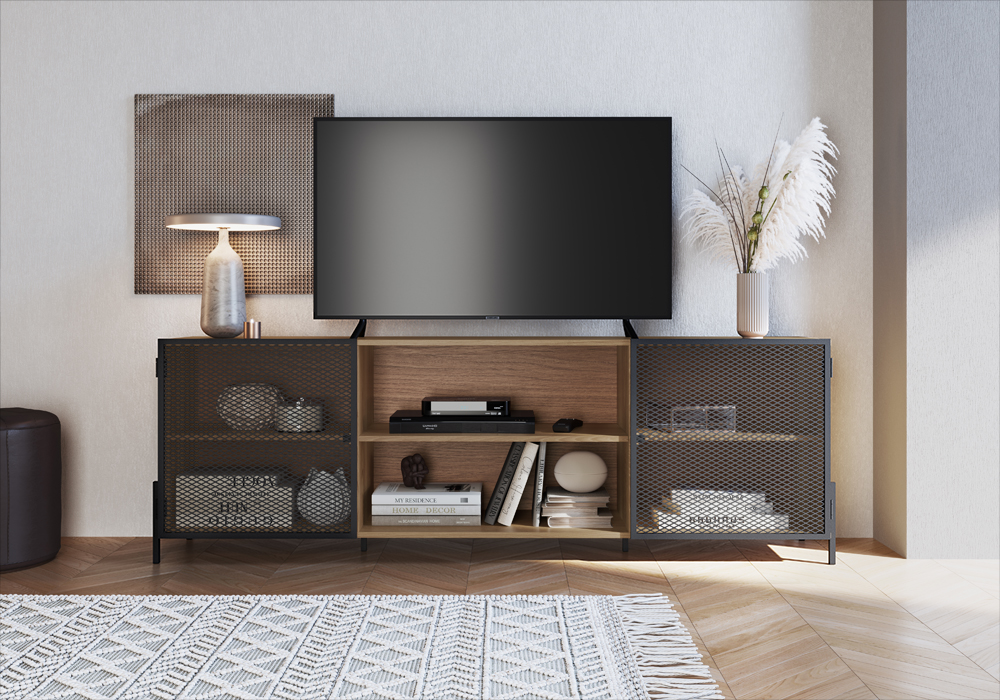 York Media Console TV Stand with Black Iron Legs  2 Mesh Doors Cabinet  -Coastal Oak