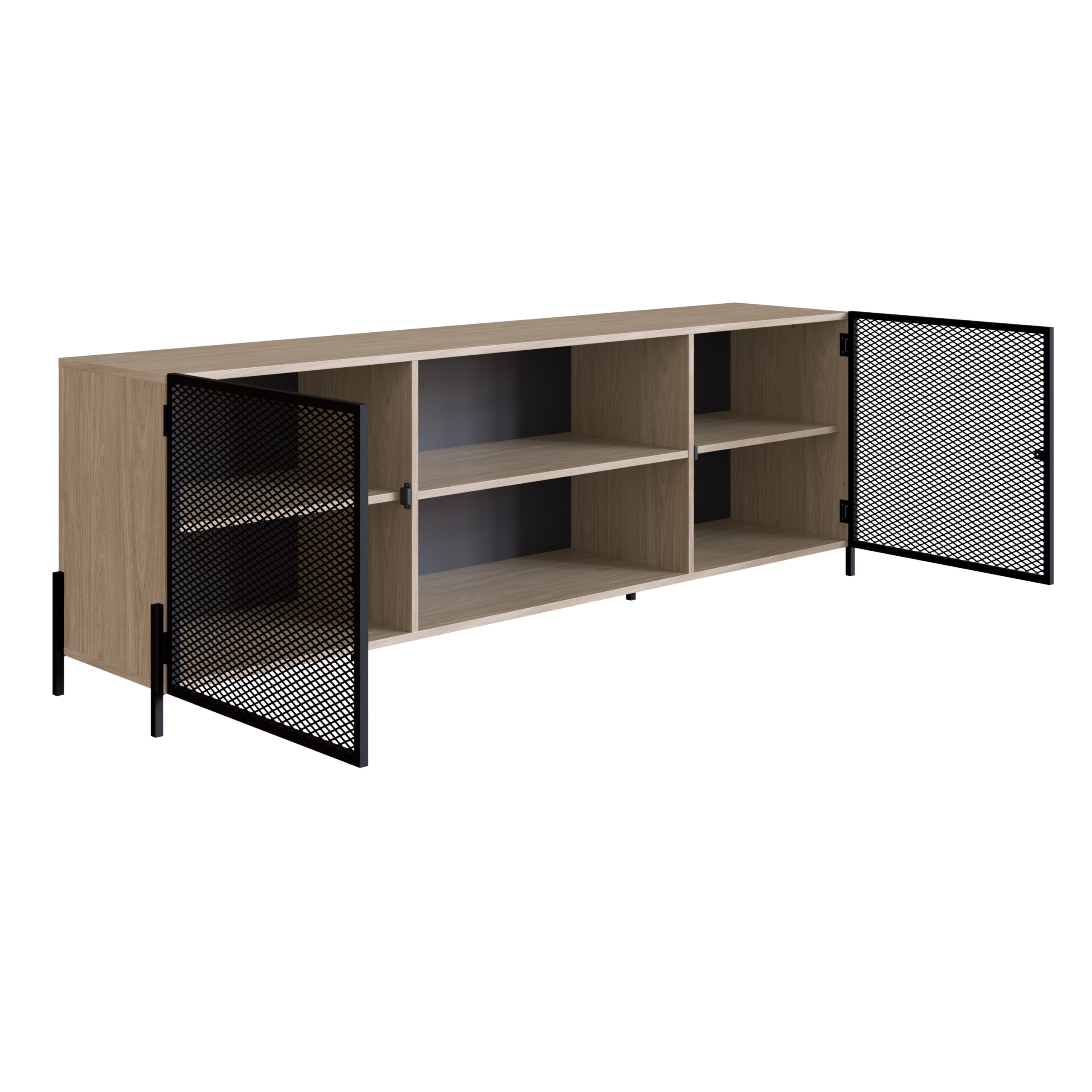 York Media Console TV Stand with Black Iron Legs  2 Mesh Doors Cabinet  -Coastal Oak - Image 7