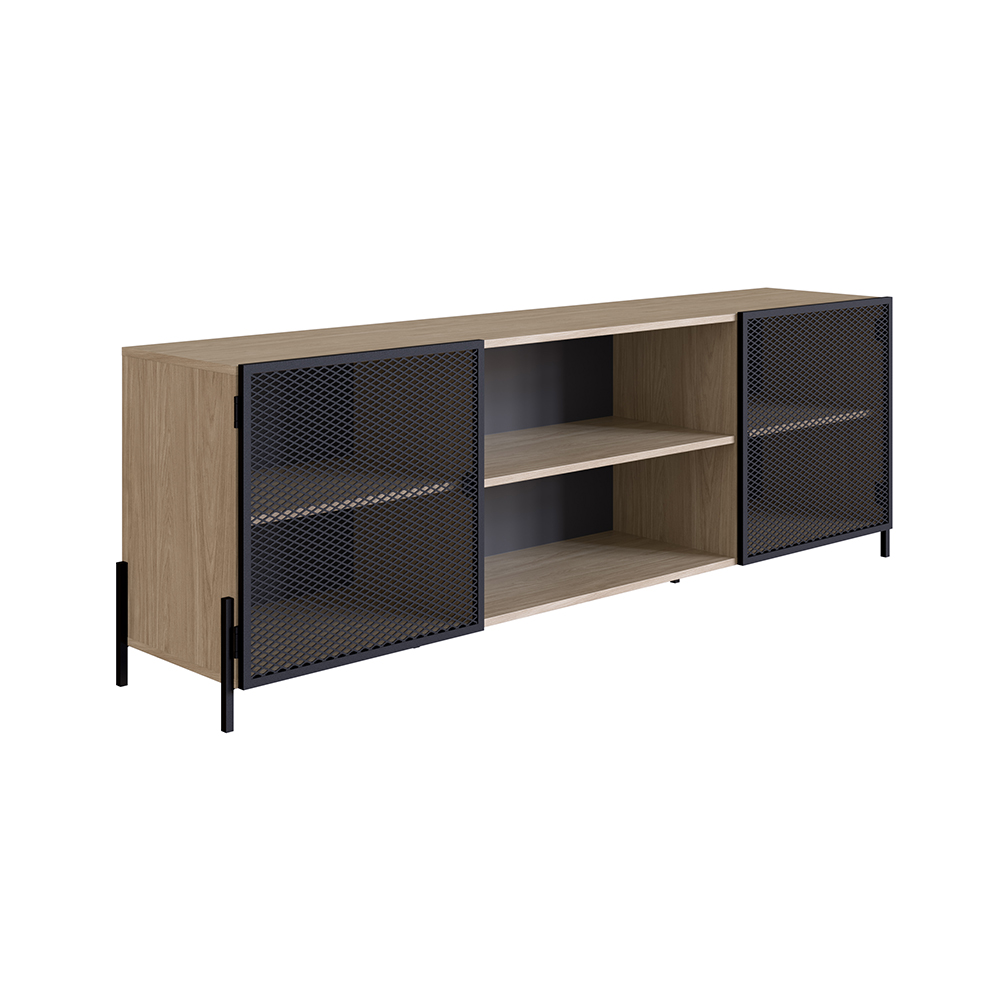 York Media Console TV Stand with Black Iron Legs  2 Mesh Doors Cabinet  -Coastal Oak - Image 8