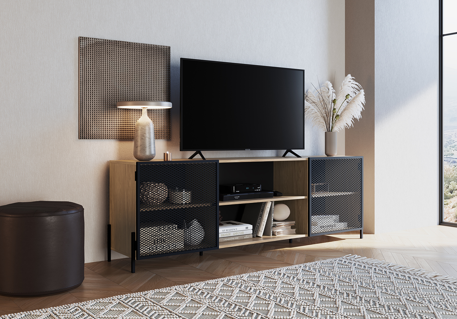 York Media Console TV Stand with Black Iron Legs  2 Mesh Doors Cabinet  -Coastal Oak - Image 2