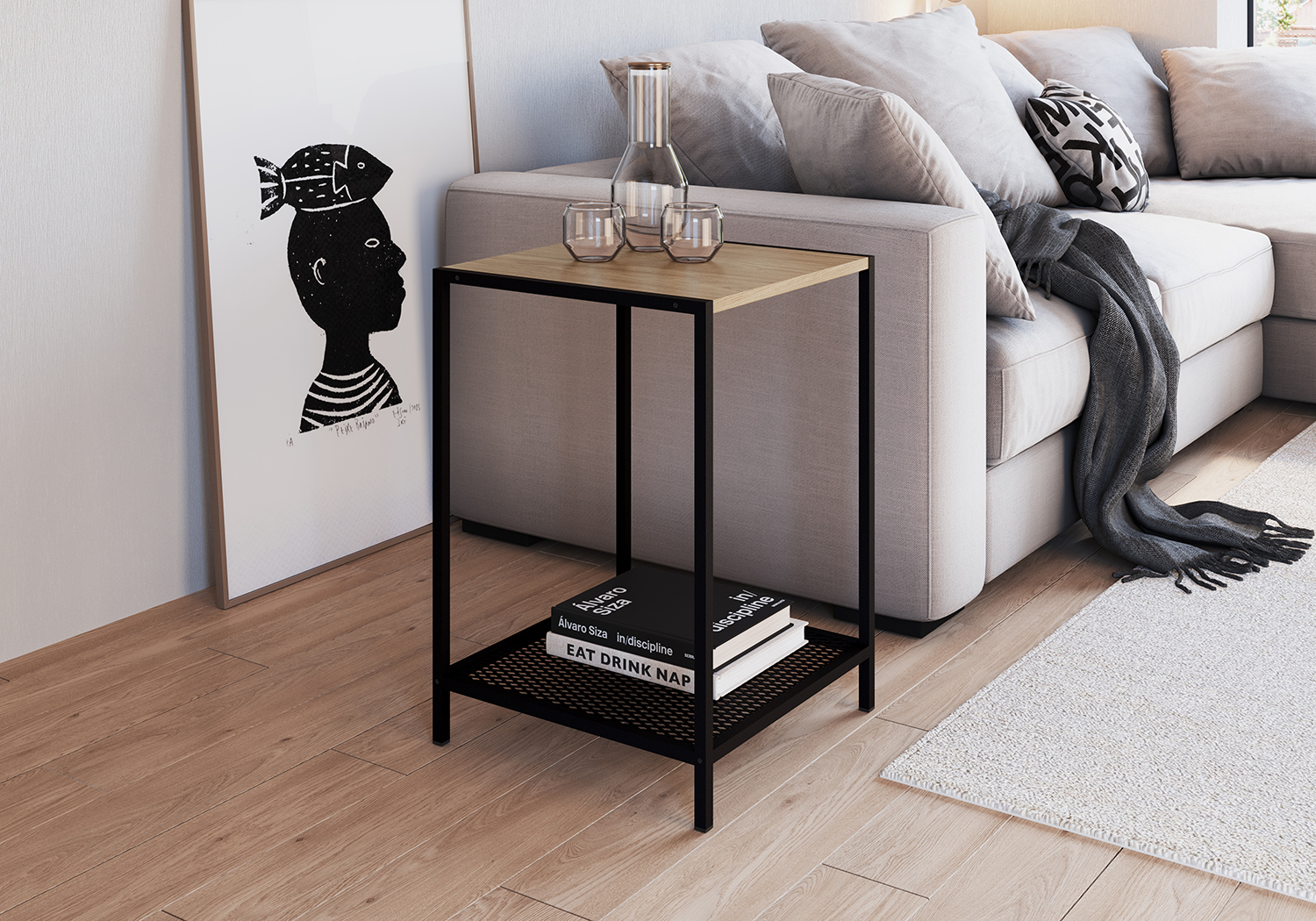 York Brown Side Table Black Iron Legs Mesh Shelf Storage