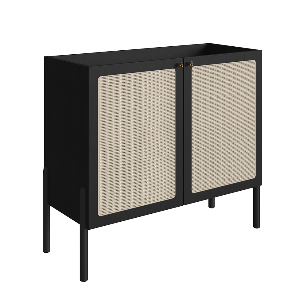 Oslo Bar Cabinet Wood Legs and 2 Rattan Accent  Door Sideboard  -Nero Black - Image 3