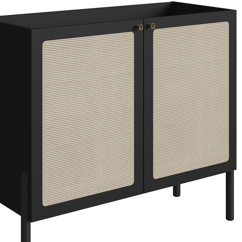 Oslo Bar Cabinet Wood Legs and 2 Rattan Accent  Door Sideboard  -Nero Black - Image 2