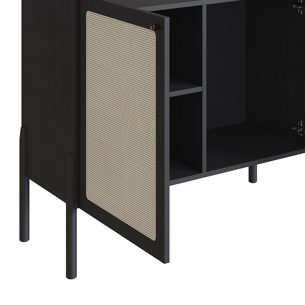Oslo Bar Cabinet Wood Legs and 2 Rattan Accent  Door Sideboard  -Nero Black - Image 8