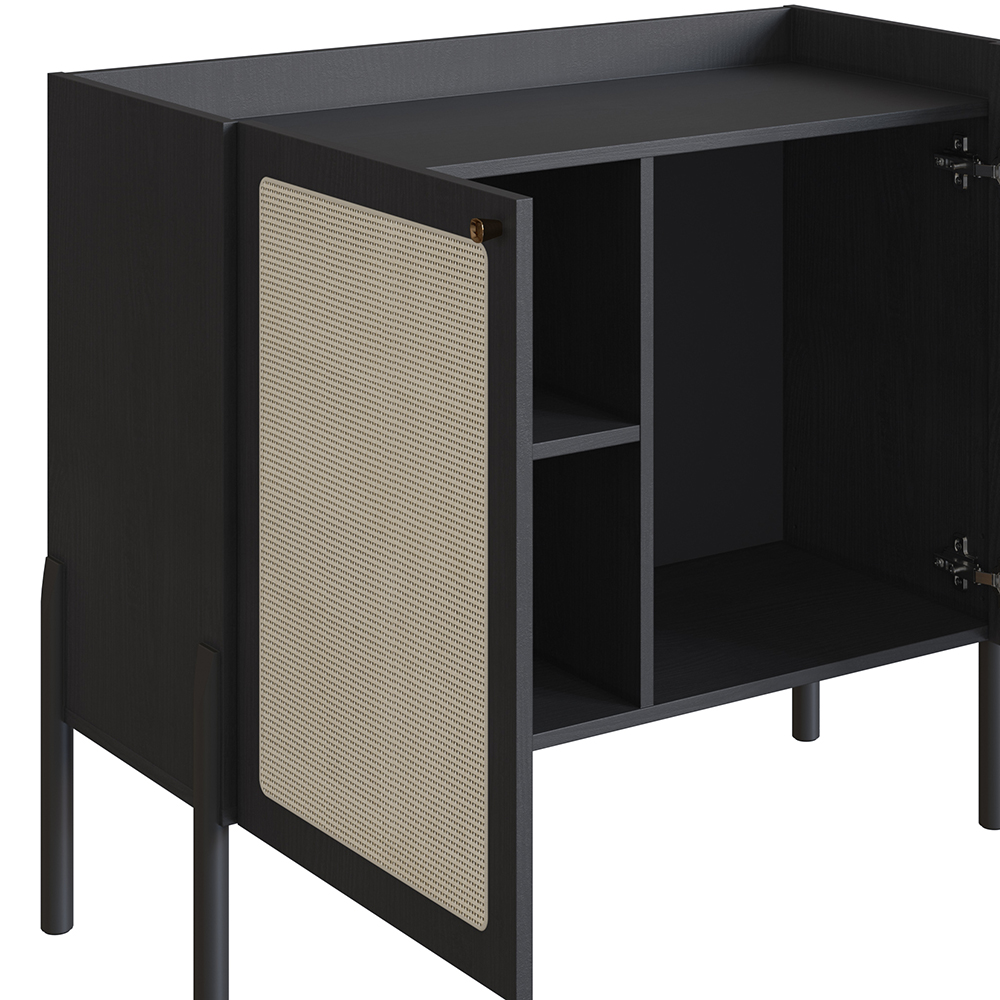 Oslo Bar Cabinet Wood Legs and 2 Rattan Accent  Door Sideboard  -Nero Black - Image 7