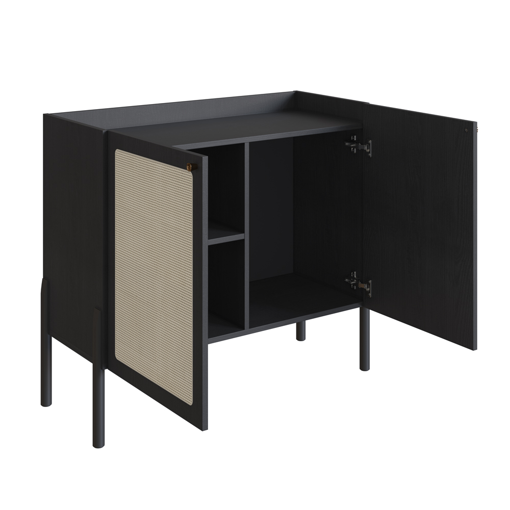 Oslo Bar Cabinet Wood Legs and 2 Rattan Accent  Door Sideboard  -Nero Black - Image 6