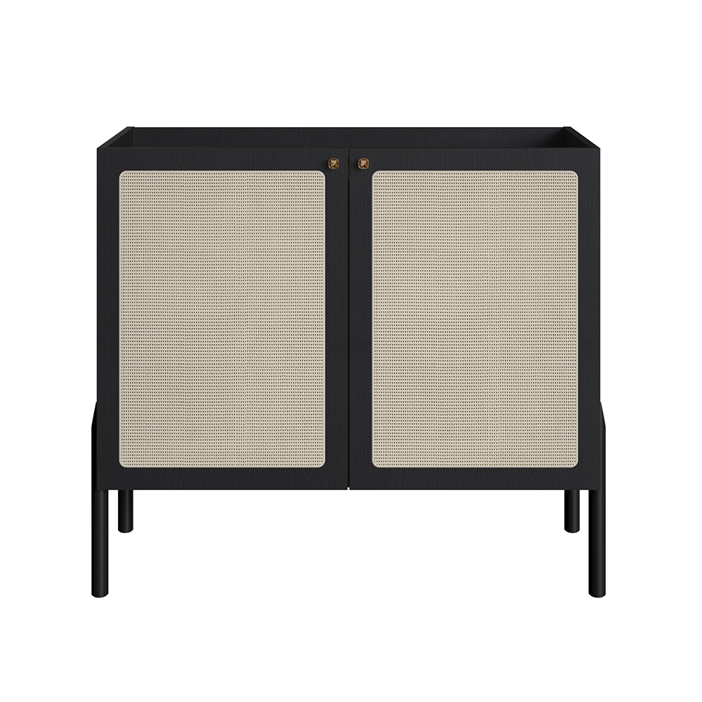 Oslo Bar Cabinet Wood Legs and 2 Rattan Accent  Door Sideboard  -Nero Black - Image 4