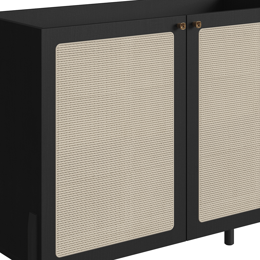 Oslo Bar Cabinet Wood Legs and 2 Rattan Accent  Door Sideboard  -Nero Black - Image 5