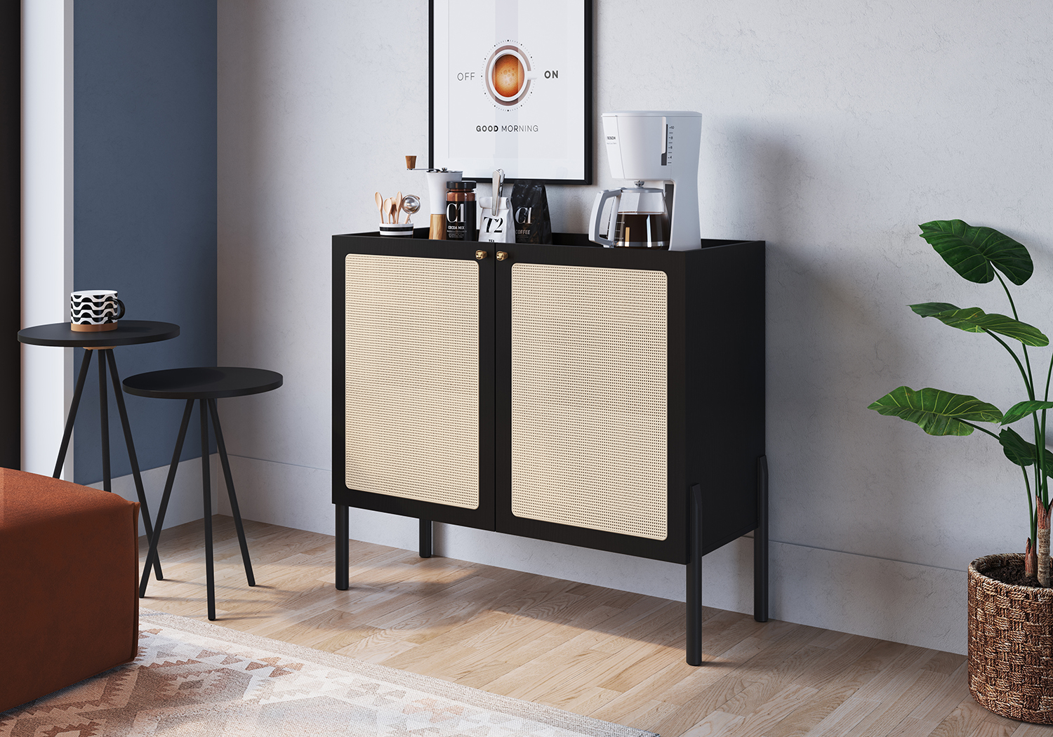 Oslo Bar Cabinet Wood Legs and 2 Rattan Accent  Door Sideboard  -Nero Black