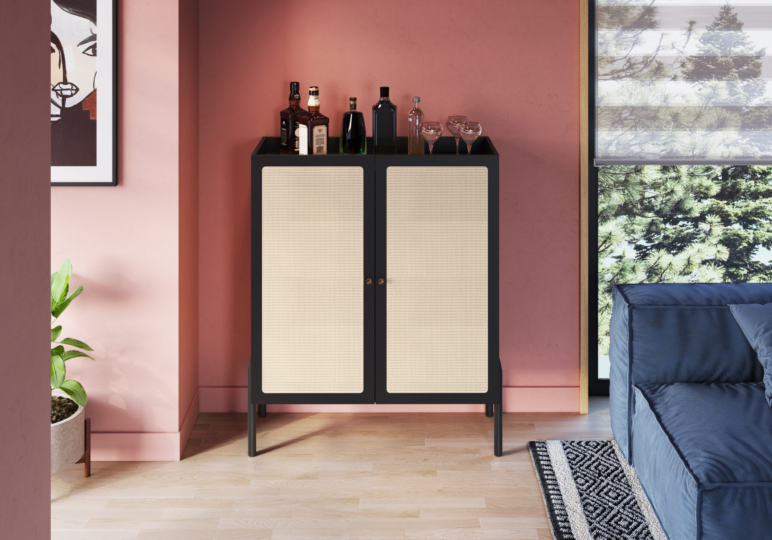 Oslo 36.6" Sideboard -Wood Legs and 2 Rattan Door Cabinet - Image 2