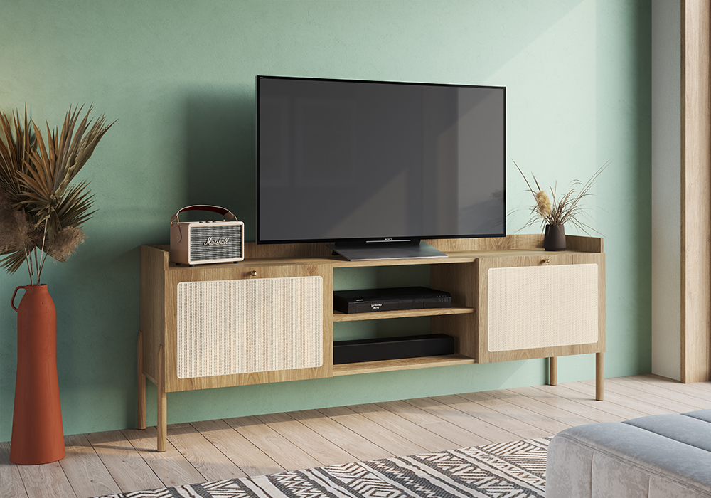 Oslo 72" Tv Stand for up to 80" Tv's Wood Legs and Rattan 2 Door