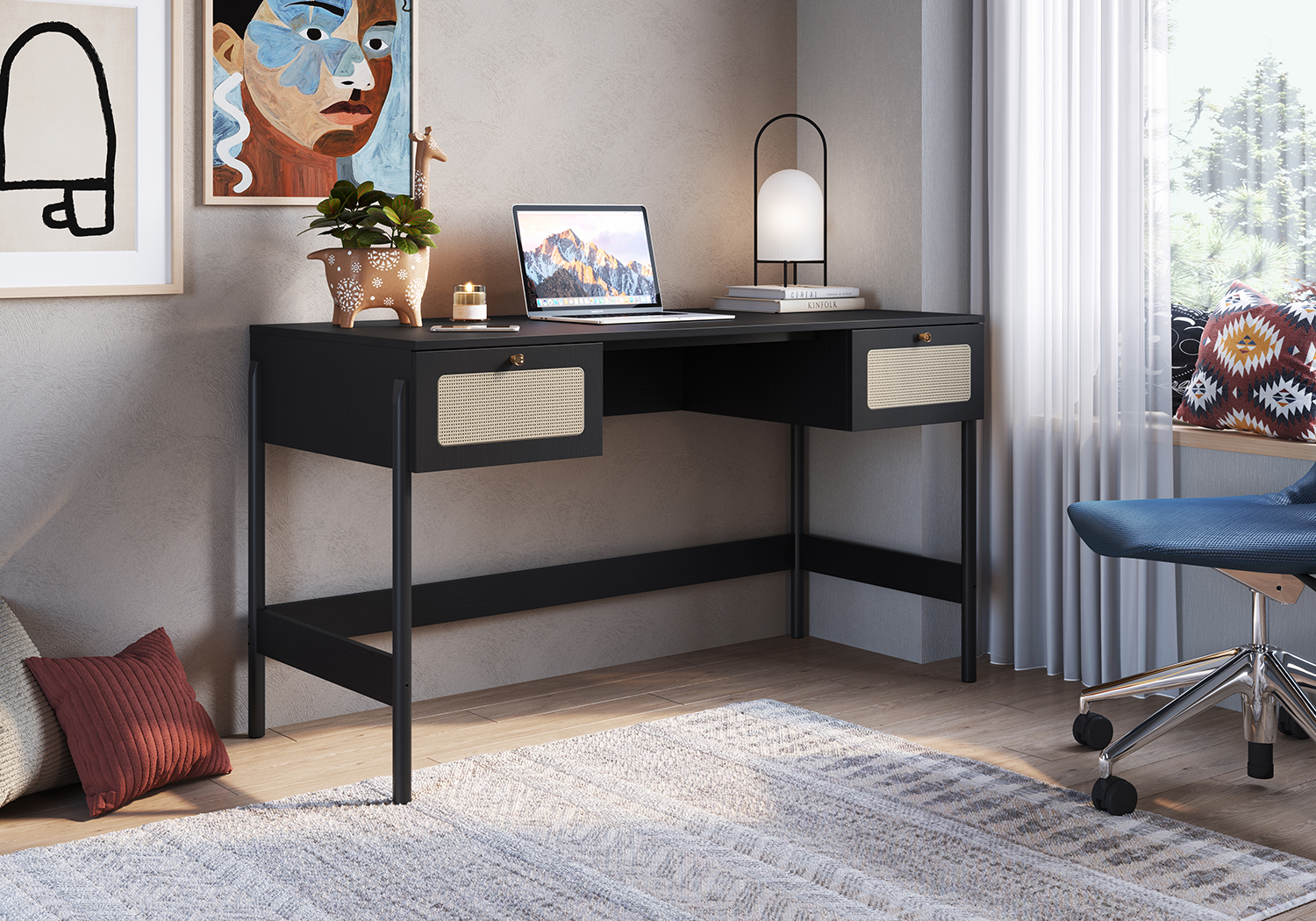 Oslo Desk Wood Legs and Rattan 2-Drawers