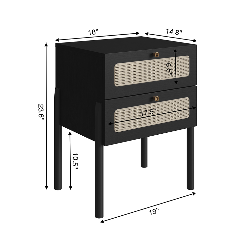 Oslo Nightstand  End Table Storage Wood Leg Rattan 2 Drawer -Nero Black - Image 8