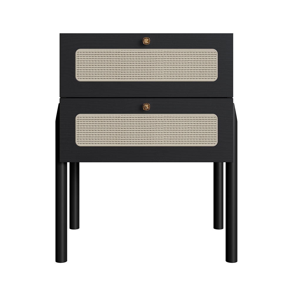 Oslo Nightstand  End Table Storage Wood Leg Rattan 2 Drawer -Nero Black - Image 7
