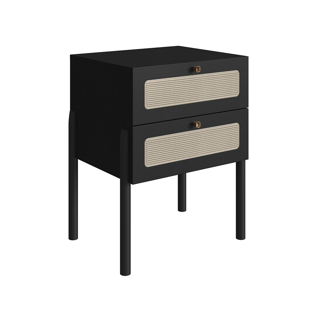 Oslo Nightstand  End Table Storage Wood Leg Rattan 2 Drawer -Nero Black - Image 6