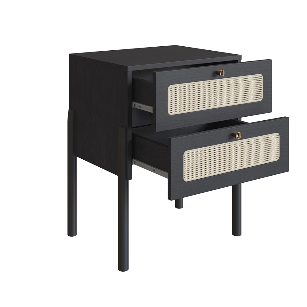 Oslo Nightstand  End Table Storage Wood Leg Rattan 2 Drawer -Nero Black - Image 5