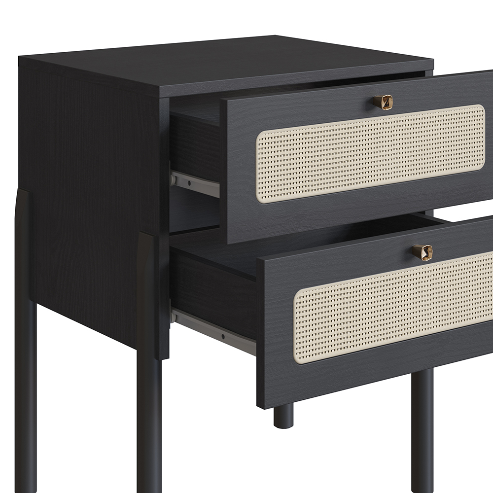 Oslo Nightstand  End Table Storage Wood Leg Rattan 2 Drawer -Nero Black - Image 4