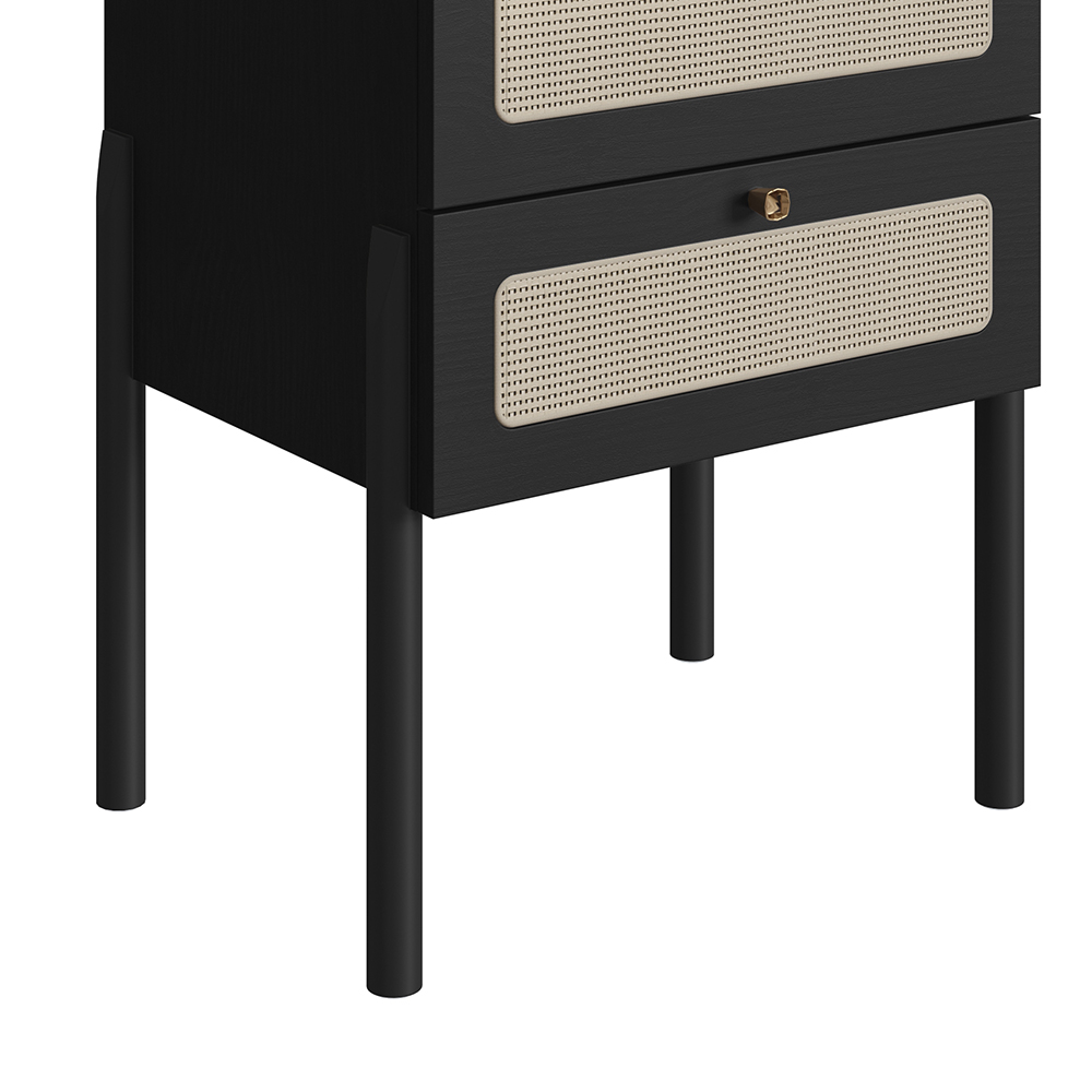 Oslo Nightstand  End Table Storage Wood Leg Rattan 2 Drawer -Nero Black - Image 3