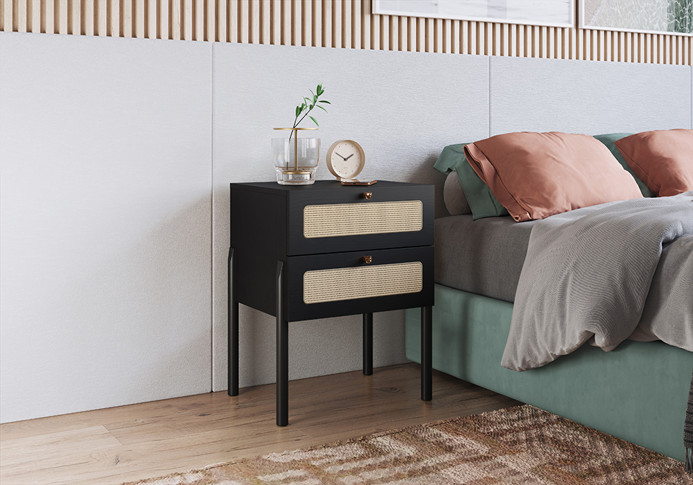 Oslo Nightstand  End Table Storage Wood Leg Rattan 2 Drawer -Nero Black