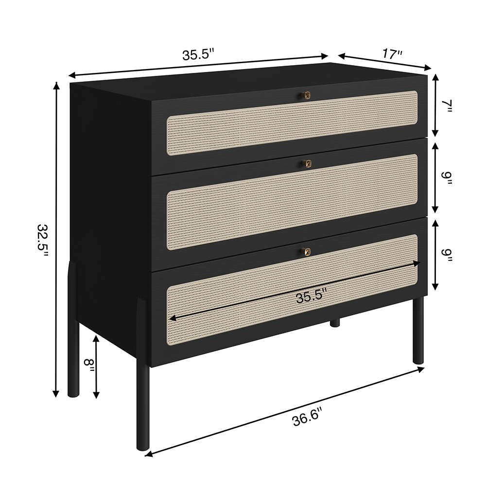 Oslo 3 -Drawer Chest Wood Legs and Rattan Accent Dresser-Nero Black - Image 8