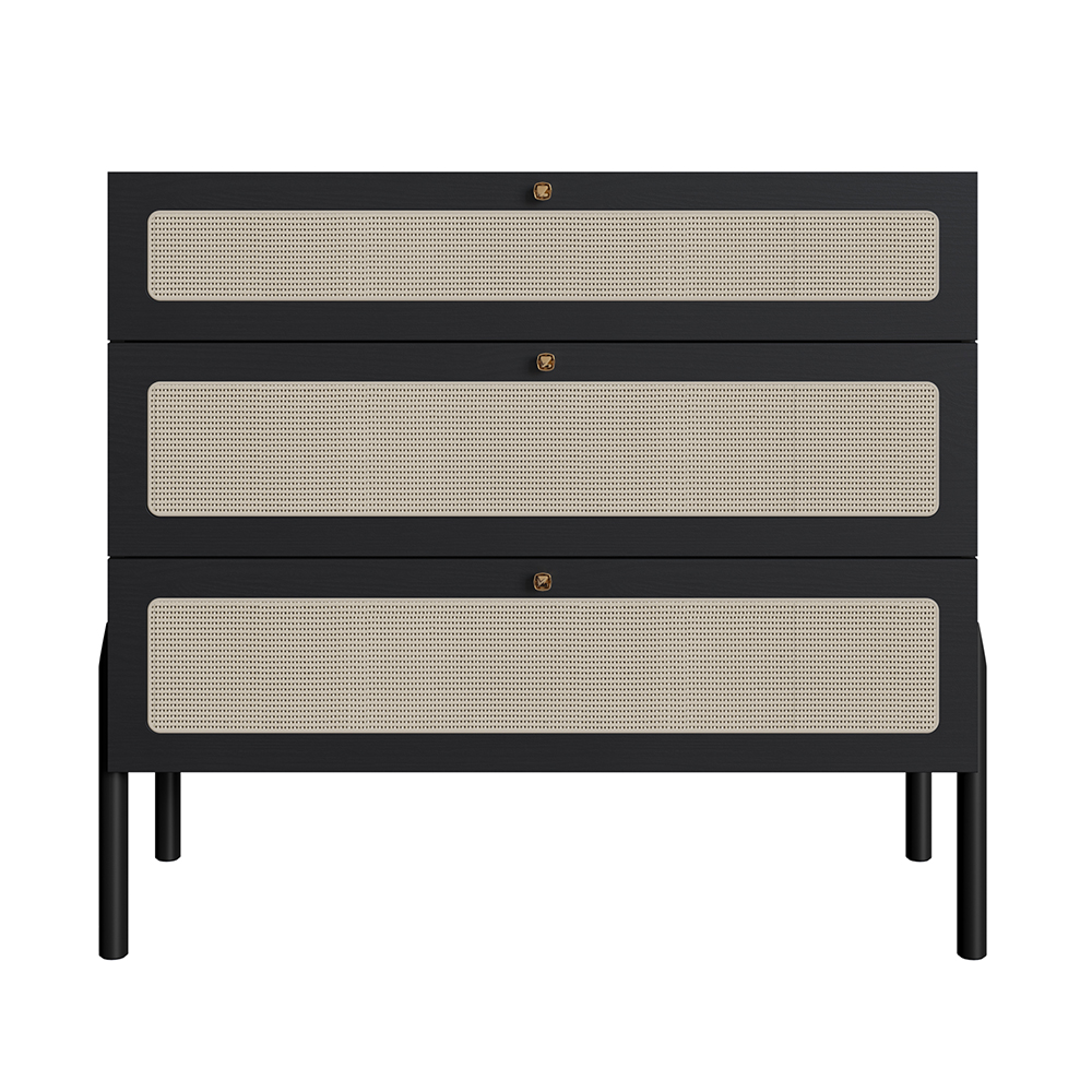 Oslo 3 -Drawer Chest Wood Legs and Rattan Accent Dresser-Nero Black - Image 7