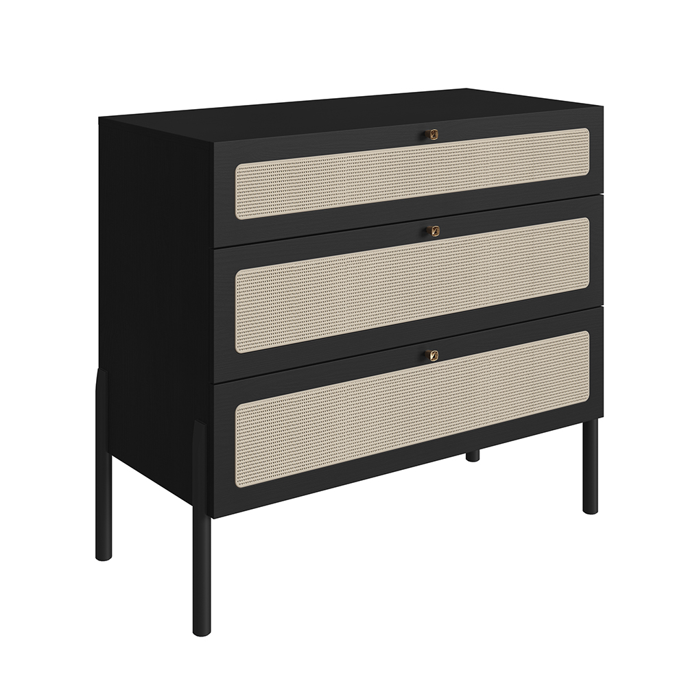 Oslo 3 -Drawer Chest Wood Legs and Rattan Accent Dresser-Nero Black - Image 6