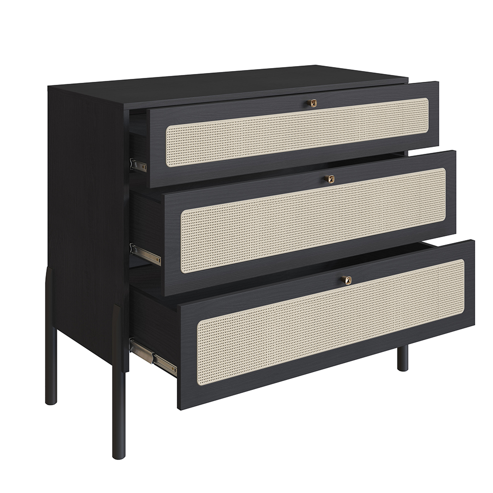 Oslo 3 -Drawer Chest Wood Legs and Rattan Accent Dresser-Nero Black - Image 5