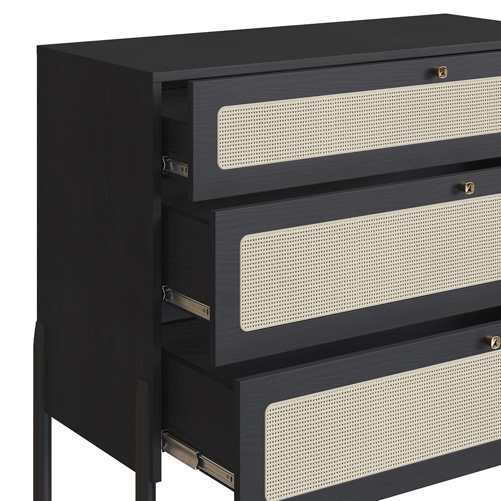 Oslo 3 -Drawer Chest Wood Legs and Rattan Accent Dresser-Nero Black - Image 4