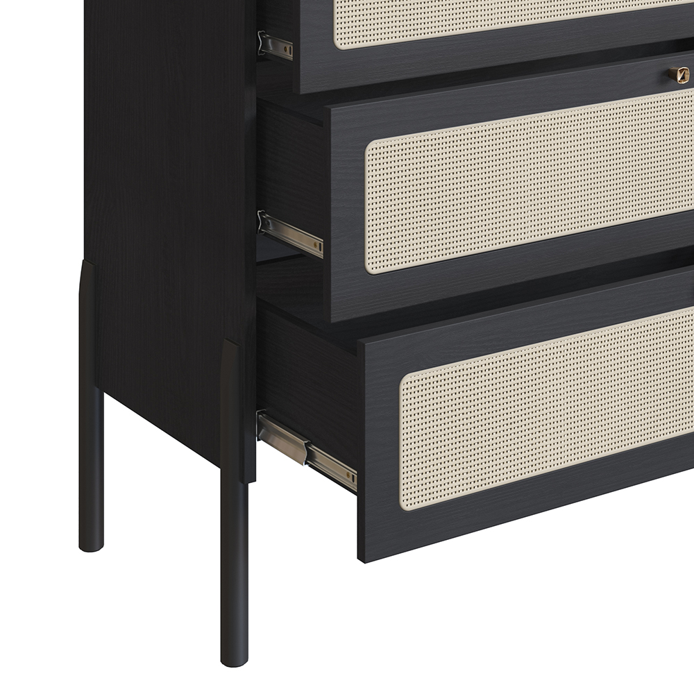 Oslo 3 -Drawer Chest Wood Legs and Rattan Accent Dresser-Nero Black - Image 3