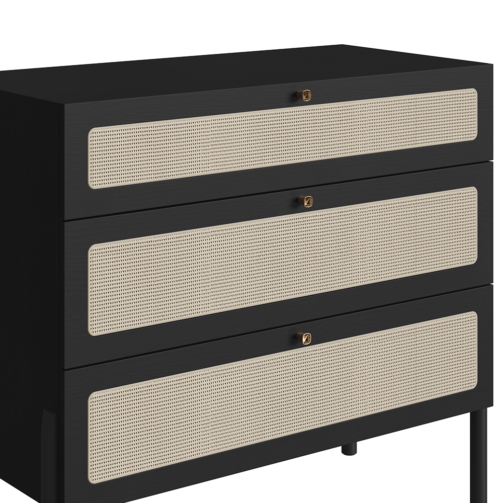 Oslo 3 -Drawer Chest Wood Legs and Rattan Accent Dresser-Nero Black - Image 2