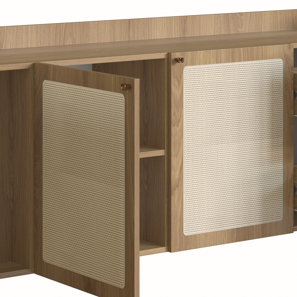 Oslo 72"L X32"H  Sideboard Wood Legs Rattan 3 Door -2-Drawer-Coastal Oak - Image 8