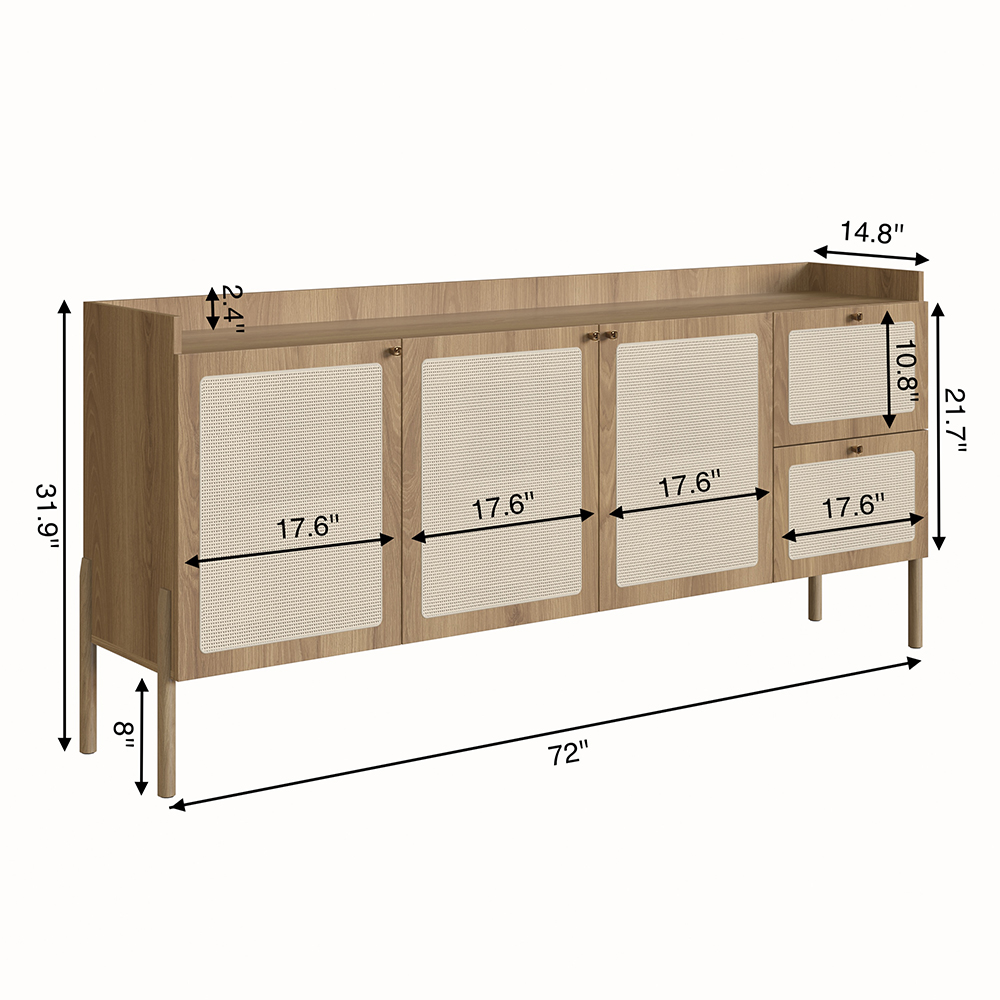 Oslo 72"L X32"H  Sideboard Wood Legs Rattan 3 Door -2-Drawer-Coastal Oak - Image 10