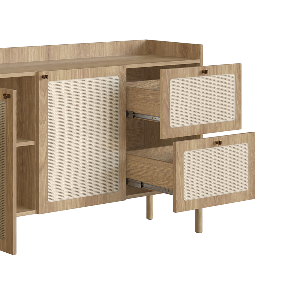 Oslo 72"L X32"H  Sideboard Wood Legs Rattan 3 Door -2-Drawer-Coastal Oak - Image 7